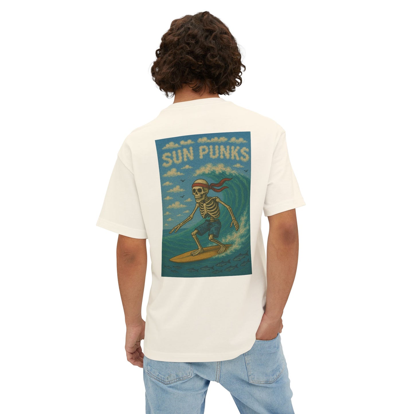 Unisex Oversized Boxy Tee - Sun Punks Surfer Skeleton Graphic T-Shirt