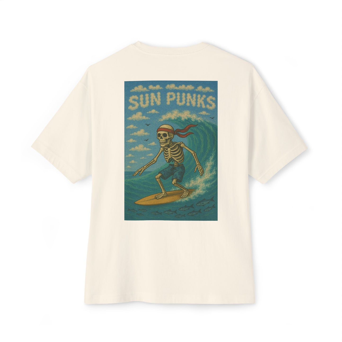 Unisex Oversized Boxy Tee - Sun Punks Surfer Skeleton Graphic T-Shirt