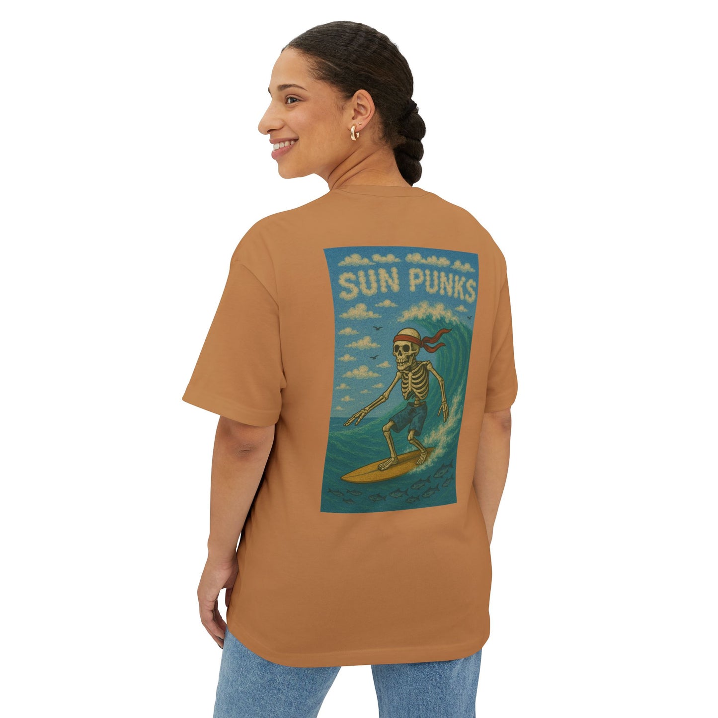 Unisex Oversized Boxy Tee - Sun Punks Surfer Skeleton Graphic T-Shirt