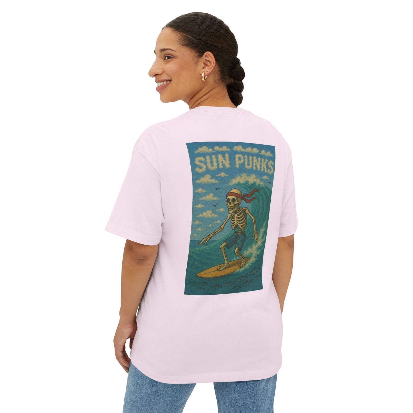 Unisex Oversized Boxy Tee - Sun Punks Surfer Skeleton Graphic T-Shirt