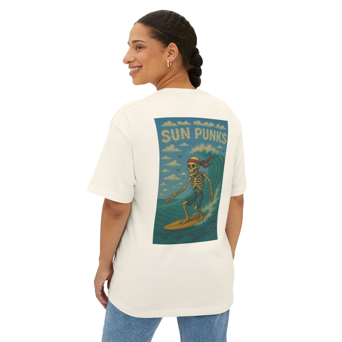 Unisex Oversized Boxy Tee - Sun Punks Surfer Skeleton Graphic T-Shirt