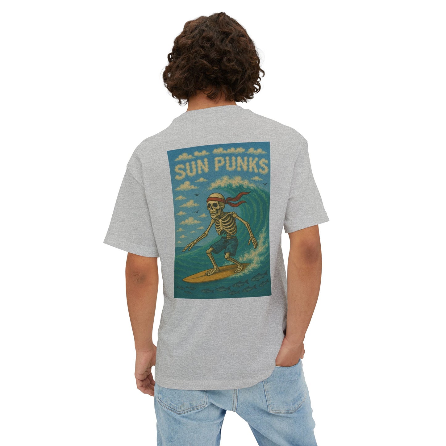 Unisex Oversized Boxy Tee - Sun Punks Surfer Skeleton Graphic T-Shirt