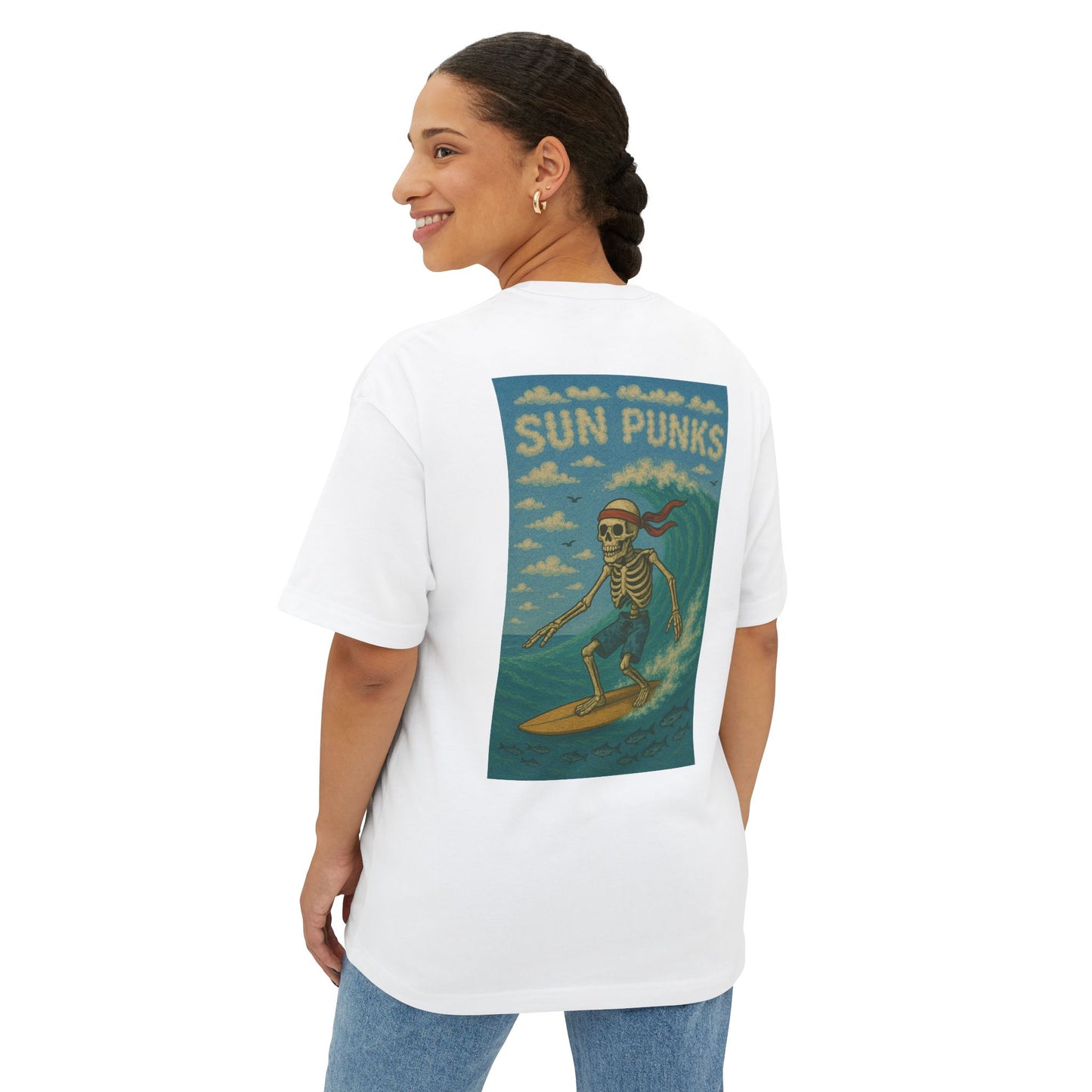 Unisex Oversized Boxy Tee - Sun Punks Surfer Skeleton Graphic T-Shirt