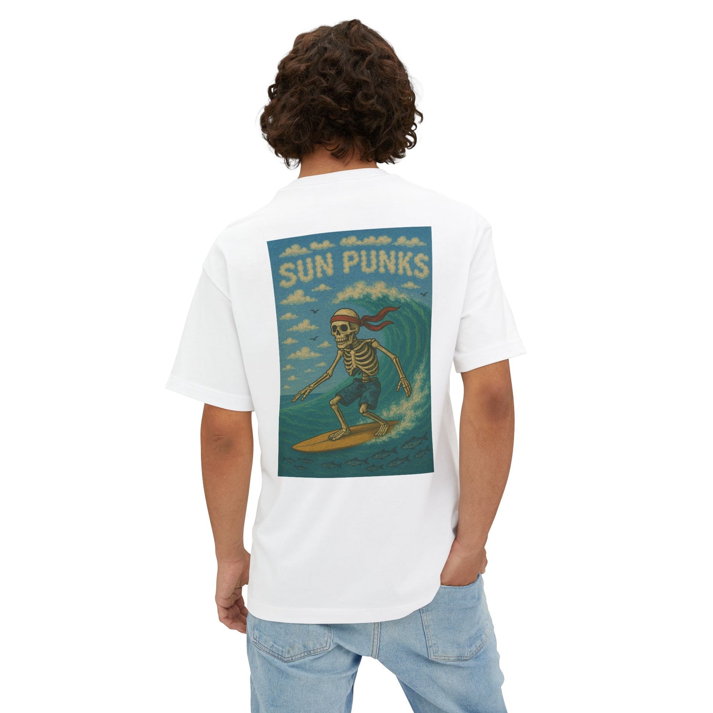 Unisex Oversized Boxy Tee - Sun Punks Surfer Skeleton Graphic T-Shirt