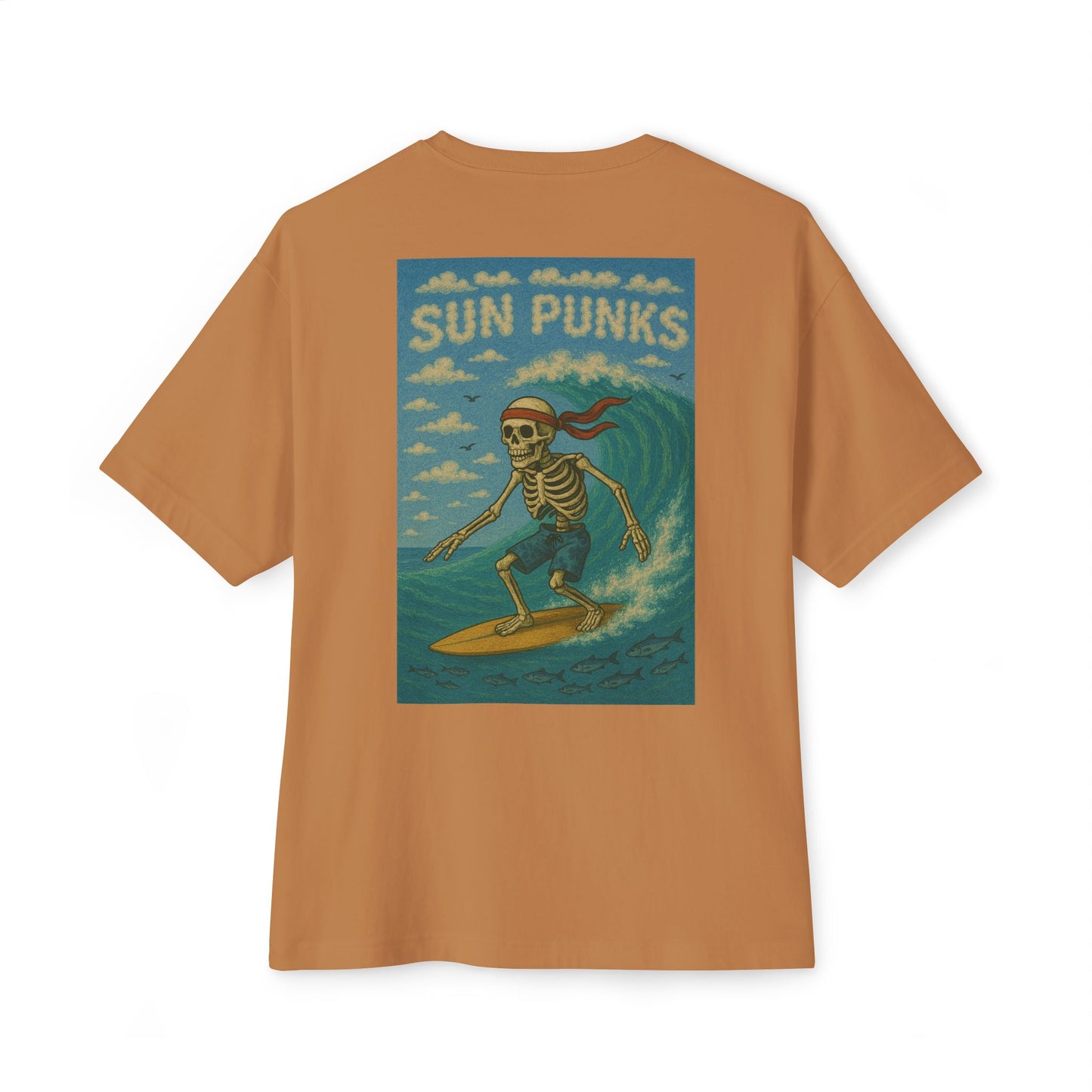 Unisex Oversized Boxy Tee - Sun Punks Surfer Skeleton Graphic T-Shirt