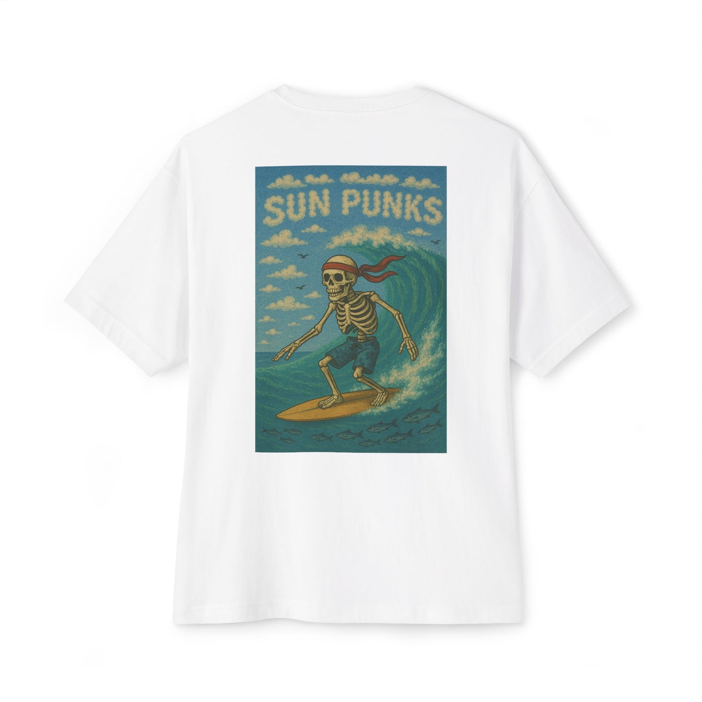 Unisex Oversized Boxy Tee - Sun Punks Surfer Skeleton Graphic T-Shirt