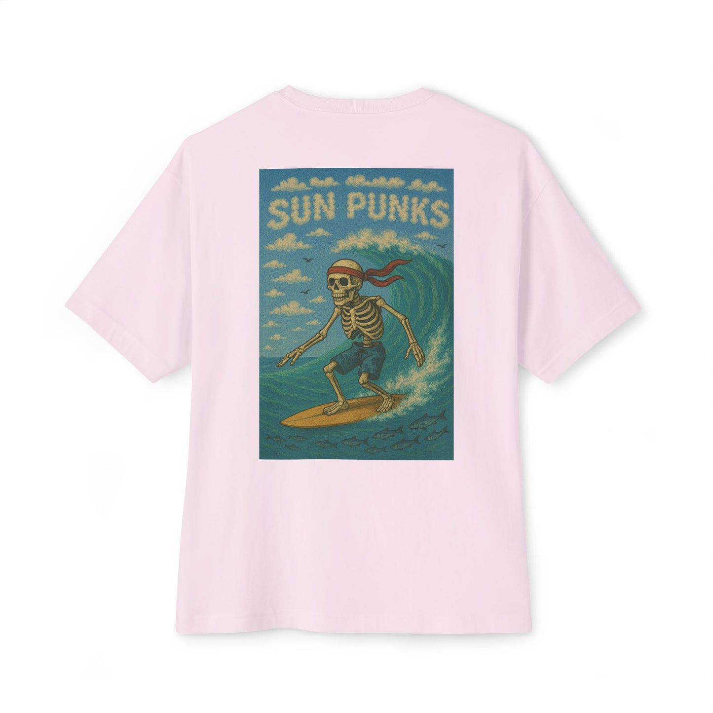 Unisex Oversized Boxy Tee - Sun Punks Surfer Skeleton Graphic T-Shirt